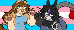  2026 5_fingers anthro asexual_pride_colors black_hair breasts brown_body brown_fur brown_hair digital_media_(artwork) domestic_cat duo felid feline felis female fingers fur hair jason_markova lgbt_pride lion looking_at_viewer mammal pantherine pride_colors robertge simple_background smile sunnet tail tongue tongue_out trans_(lore) transgender_pride_colors 