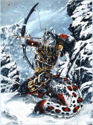  2024 absurd_res acrylic_painting_(artwork) aiming_bow aiming_weapon anthro armor arrow_(weapon) black_body black_fur black_hair bow_(weapon) clothed clothing colored_pencil_(artwork) felid fully_clothed fur gesso_(artwork) grey_body grey_eyes grey_fur hair heather_bruton hi_res jo'reysha khajiit kneeling leopard_spots long_hair male mammal microsoft mountain painting_(artwork) pantherine quiver_(object) ranged_weapon red_body red_fur rock sky snow snow_leopard snowing solo spots the_elder_scrolls traditional_media_(artwork) traditional_painting_(artwork) umbrose weapon white_body white_fur winter 