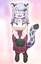  abstract_background accessory anthro big_breasts biped black_body black_fur black_hair breasts chest_tuft closed_eyes clothed clothing dress felid female footwear fur grey_body grey_fur grey_hair hair hair_accessory hairpin mabo mammal markings medium_hair multicolored_body multicolored_fur multicolored_hair official_art pantherine pink_background purse shoes simple_background smile snow_leopard solo spots spotted_body spotted_fur sweater topwear tuft two_beasts_or_not_to_beast yukino_hariba 