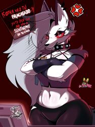  2026 3:4 absurd_res anthro artist_name big_breasts black_eyeshadow black_nose bottomwear breasts canid canid_demon canine cheek_tuft cleavage clothed clothing collar cross-popping_vein crossed_arms demon dialogue ear_piercing eyebrow_piercing eyebrows eyelashes eyeshadow facial_piercing facial_tuft female fingerless_gloves fur gloves grey_body grey_fur grey_hair hair half-closed_eyes handwear hellaverse hellhound helluva_boss hi_res inner_ear_fluff la_tiapat long_hair looking_at_viewer loona_(helluva_boss) makeup mammal midriff multicolored_body multicolored_fur mythological_canine mythological_creature mythology name_tag narrowed_eyes navel pants piercing red_sclera shirt solo spanish_text speech_bubble spiked_collar spikes tank_top text topwear torn_clothing translated tuft two_tone_body two_tone_fur white_body white_eyes white_fur wide_hips 