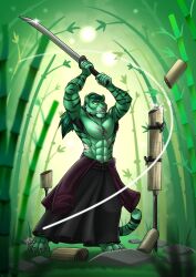  abs absurd_res anthro bared_teeth black_armpit_hair black_bottomwear black_clothing bottomwear chest_tuft clothed clothing felid front_view full-length_portrait fur green_body green_fur green_hair hair hi_res holding_melee_weapon holding_object holding_sword holding_weapon hufnaar long_hair male male_anthro mammal markings melee_weapon muscular muscular_anthro muscular_male pantherine pecs pink_nose portrait solo standing striped_arms striped_markings striped_tail stripes sword tail tail_markings teeth tiger topless tuft weapon yellow_eyes 