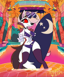  2024 anthro arm_tuft bikini breasts canid canid_demon canine cleavage clothed clothing collar crescent_moon demon detailed_background digitigrade eyewear eyewear_on_head female fur grey_body grey_fur hair hair_over_eye hellaverse hellhound helluva_boss hi_res long_hair loona_(helluva_boss) mammal midriff moon mythological_canine mythological_creature mythology pattern_bikini pattern_clothing pattern_swimwear pink_water plant pupils red_sclera shoulder_tuft slit_pupils small_waist smile solo spiked_collar spikes star_pattern starpaintart sunglasses sunglasses_on_head surfboard swimming_pool swimwear tail tree tuft two-piece_swimsuit wearing_sunglasses white_body white_eyes white_fur wide_hips 