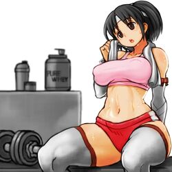  after_workout bare_shoulders big_breasts black_hair bloomers brown_eyes detached_sleeves dumbbell female female_only headband kantai_collection nagara_(kantai_collection) nipple_bulge side_ponytail solo sports_bra sueyuu sweat thick_thighs thighhighs toned toned_female towel_around_neck white_legwear white_thighhighs wide_hips 