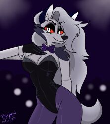  2024 anthro artist_name black_clothing black_eyelids black_leotard bow_tie breasts bunny_costume canid canid_demon canine cleavage clothed clothed_anthro clothed_female clothing costume dated demon female fur grey_body grey_fur hair hellaverse hellhound helluva_boss hi_res leggings legwear leotard long_hair loona_(helluva_boss) mammal mythological_canine mythological_creature mythology portrait pupils purple_bow_tie purple_clothing purple_leggings purple_legwear red_sclera slit_pupils solo starpaintart strapless_clothing strapless_leotard text three-quarter_portrait white_body white_eyes white_fur white_hair 
