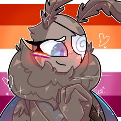  1:1 antennae_(anatomy) anthro arthropod blue_eyes blue_wings blush bodypaint closed_smile eye_patch eyewear face_paint female fluffy_antennae fur gazzlegoob grey_body hands_together hi_res insect_wings insects iris_(honeycombcrown) lepidopteran lesbian_pride_colors lgbt_pride lgbt_pride_month looking_down monotone_body monotone_fur moth mouth_closed nude pride_color_background pride_colors pupils purple_pupils ruff shy simple_background smile solo wings 