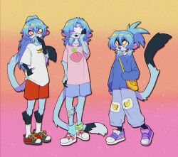  80&#039;s_theme absurd_res anthro astra_lupus banana blindfold blue_body blue_fur blue_hair brother_(lore) brothers_(lore) clothed clothing food footwear fruit fur group gwendolyn_stellas hair haplorhine hi_res humanoid leonis_stellas long_hair long_tail male mammal mango_(fruit) monkey nebula_stellas peach_(fruit) plant primate retro shoes sibling_(lore) sinfrou tail trio yellow_eyes 