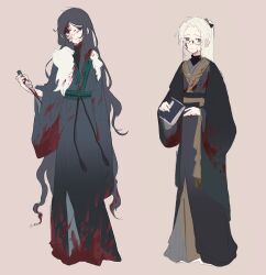  2boys absurdres black_coat black_eyes black_hair black_hanfu black_sash black_shirt blood blood_on_clothes blood_on_face book chinese_clothes chinese_commentary closed_mouth coat commentary_request freckles full_body fur_trim glasses green_sash hanfu highres holding holding_book holding_knife knife long_hair luan_zhiyun male_focus multiple_boys open_clothes open_coat ponytail qiao_yingan rectangular_eyewear red_background sash semi-rimless_eyewear shirt sweat touqi_guaitan very_long_hair white_hair wide_sleeves yesheng_zong_ren_(3597067554) 