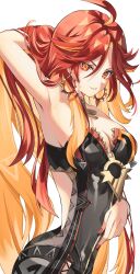  armpits black_bikesuit breasts cleavage female genshin_impact highres large_breasts long_hair looking_at_viewer mavuika_(genshin_impact) orange_eyes orange_hair red_eyes red_hair saico_isshin simple_background solo sun-shaped_pupils sun_earrings sunburst_iris white_background 