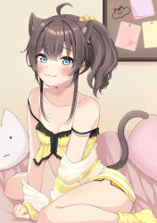  :3 ahoge animal_ears bare_shoulders blush breasts brown_hair cat_ears cat_tail female heart heart-shaped_pupils highres hololive natsuiro_matsuri side_ponytail siro_konnyaku small_breasts smile symbol-shaped_pupils tail virtual_youtuber 