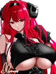  absurdres azur_lane bare_shoulders black_gloves black_hairband black_horns breasts center_frills clothing_cutout cross-laced_clothes cross-laced_top curled_horns demon_horns elbow_gloves female frills gloves hairband highres hindenburg_(azur_lane) hisin horns huge_breasts long_hair red_eyes red_hair scrunchie signature simple_background solo underboob underboob_cutout upper_body very_long_hair white_background wrist_scrunchie 