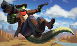  absurd_res aiming_weapon alligator alligatorid anthro big_tail boots cactus clothed clothing cloud coat cowboy crocodilian day desert detailed_background fangs footwear fully_clothed fuzziness gun handgun hat headgear headwear hi_res humanoid_hands kerchief male mesa_(landscape) midair neckerchief plant ranged_weapon reptile revolver river scalie shirt shoes smoking_gun solo spiked_tail spikes spikes_(anatomy) tail teeth topwear underbite vertical_slit_pupils water weapon white_clothing white_shirt white_topwear 