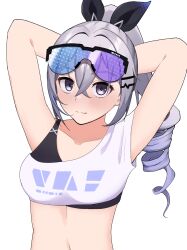  absurdres arms_behind_head arms_up balli black_ribbon breasts collarbone crop_top drill_hair female grey_eyes grey_hair hair_ribbon highres honkai:_star_rail honkai_(series) long_hair looking_at_viewer medium_breasts midriff navel ribbon shirt silver_wolf_(honkai:_star_rail) simple_background single-shoulder_shirt smile solo sports_bra stomach upper_body white_background white_shirt 