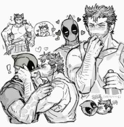  ! 2boys :o animal_ears arm_hair bara beard blush bottle cat_boy cat_ears cat_tail chest_hair chibi claw_(weapon) commentary couple deadpool deadpool_&amp;_wolverine deadpool_(series) dishing facial_hair greyscale hands_on_another&#039;s_face hands_on_another&#039;s_waist heart holding holding_bottle imminent_kiss large_pectorals licking licking_another&#039;s_face licking_finger looking_at_another male_focus marvel marvel_cinematic_universe mask mask_lift mature_male monochrome multiple_boys muscular muscular_male open_mouth pectorals scar shirt short_hair short_sleeves surprised symbol-only_commentary tail tank_top thought_bubble tongue tongue_out translation_request weapon wolverine_(x-men) x-men yaoi 