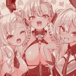  3girls animal_ears archerfish_(azur_lane) archerfish_(coquettish_bunny)_(azur_lane) azur_lane bikini bikini_top_only black_necktie blush braid breasts cleavage cross dark-skinned_female dark_skin fake_animal_ears fangs grin herring_(azur_lane) huge_breasts iron_cross large_breasts lowres monochrome multiple_girls necktie nunnuncats one_eye_closed open_mouth playboy_bunny rabbit_ears smile swimsuit u-31_(azur_lane) 