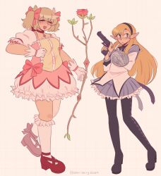  2girls akemi_homura akemi_homura_(cosplay) blonde_hair cosplay dungeon_meshi elf falin_touden gun hairband handgun highres kaname_madoka kaname_madoka_(cosplay) long_hair mage_staff magical_girl mahou_shoujo_madoka_magica marcille_donato multiple_girls pointy_ears simple_background staff stariiberry twintails weapon 