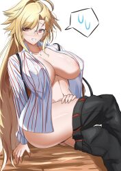  :d absurdres arcueid_brunestud blonde_hair blush breasts cleavage collarbone female grin highres large_breasts long_hair long_sleeves looking_at_viewer lumber_yard lumberjack navel nipples open_mouth red_eyes red_nose shirt shokobr simple_background smile solo thighhighs thighs tsukihime tsukihime_(remake) turtleneck white_background 