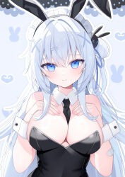  =_hair_ornament absurdres animal_print between_breasts black_leotard black_necktie blue_eyes breasts character_request closed_mouth copyright_request detached_collar female hair_between_eyes hair_ornament hands_on_own_breasts heart heart_print highres ice_(ice) large_breasts leotard looking_at_viewer maid_headdress necktie necktie_between_breasts playboy_bunny rabbit_hair_ornament rabbit_print simple_background smile solo twitter_username white_hair white_headdress x_hair_ornament 