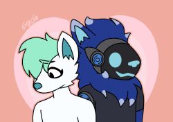  4_ears animated anthro arctic_fox blue_body blue_eyes blue_fur blue_hair blue_nose blush boop canid canine duo echo_the_protogen female fox fur green_hair hair highlights_(coloring) kipp_(arctic_fox) kissing machine male male/female mammal multi_ear nose_boop protogen protogen_armor protogen_face protogen_visor romantic romantic_ambiance romantic_couple screen screen_face snarrl true_fox visor white_body white_fur white_highlights white_tipped_ears 