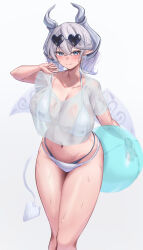  absurdres arm_up ball beachball bikini bikini_under_clothes blush breasts demon_girl demon_horns demon_tail demon_wings eyewear_on_head female grey_eyes grey_hair heart heart-shaped_eyewear highres horns lady_labrynth_of_the_silver_castle large_breasts looking_at_viewer lovely_labrynth_of_the_silver_castle low_wings navel neko_punch_(user_hddm3373) see-through_clothes see-through_shirt shirt short_hair simple_background smile solo sunglasses sweat swimsuit tail white_background white_bikini white_shirt wings yu-gi-oh! 