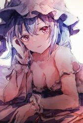  absurdres bare_shoulders blue_hair breasts cleavage dress facing_viewer female hair_between_eyes hand_on_own_cheek hand_on_own_face hashtag-only_commentary hat head_rest highres kamu_kotan looking_at_viewer lying medium_breasts mob_cap on_stomach red_eyes remilia_day remilia_scarlet short_hair simple_background solo strapless strapless_dress touhou wrist_cuffs 