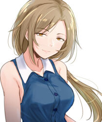  arms_at_sides bare_arms bare_shoulders blue_shirt breasts brown_eyes brown_hair buttons closed_mouth collarbone collared_shirt female idolmaster idolmaster_cinderella_girls ijuin_megumi light_smile lips long_hair looking_at_viewer low_ponytail medium_breasts ponytail shirt sidelocks simple_background sleeveless sleeveless_shirt smile solo straight_hair three_quarter_view unu_(unucence) upper_body white_background 