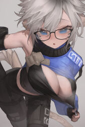  animal_ears bare_shoulders blue_eyes breasts commentary commission english_commentary female final_fantasy final_fantasy_xiv glasses grey_background grey_hair highres large_breasts looking_at_viewer metatarou no_bra open_mouth original short_hair simple_background skeb_commission sweat tail 