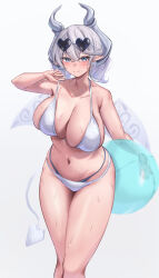  absurdres arm_up ball beachball bikini blush breasts demon_girl demon_horns demon_tail demon_wings eyewear_on_head female grey_eyes grey_hair heart heart-shaped_eyewear highres horns lady_labrynth_of_the_silver_castle large_breasts looking_at_viewer lovely_labrynth_of_the_silver_castle low_wings navel neko_punch_(user_hddm3373) short_hair simple_background smile solo sunglasses sweat swimsuit tail white_background white_bikini wings yu-gi-oh! 