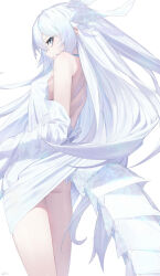  absurdres back bare_back bare_legs bare_shoulders breasts commentary dragon_ears dragon_girl dress female highres long_hair looking_at_viewer original ozeu0916 simple_background solo tail white_background white_dress white_eyes white_hair white_tail 