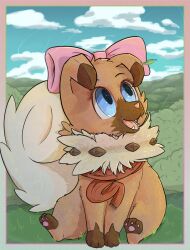  accessory bow_accessory bow_ribbon canid canine digital_media_(artwork) female feral fur generation_7_pokemon hi_res mammal nintendo open_mouth pawoo pokemon pokemon_(species) rockruff scarf smile solo tail tongue 