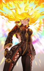  black_bikesuit black_gloves breasts clothing_cutout female genshin_impact gloves highres kippeijii large_breasts long_hair looking_at_viewer mavuika_(genshin_impact) orange_eyes orange_hair red_eyes red_hair solo sun-shaped_pupils sunburst_iris 