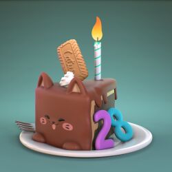  1:1 2021 3_toes 3d_(artwork) ambiguous_feral ambiguous_gender birthday birthday_cake black_nose brown_body cake candle cheek_spots closed_eyes colored cookie cutlery dairy_products dessert digital_media_(artwork) feet felid feline feral fire food food_creature fork green_background hi_res hybrid ian_ng kitchen_utensils lit_candle mammal markings number on_plate open_mouth open_smile paws plate shaded simple_background smile solo tan_inner_ear text toes tools whipped_cream whisker_markings zbrush_(artwork) 