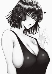  absurdres artist_name bare_shoulders breasts cleavage commentary female fubuki_(one-punch_man) greyscale hand_up highres large_breasts lips looking_at_viewer monochrome mostlybluewyatt one-punch_man one_eye_closed open_mouth shiny_clothes short_hair signature simple_background sleeveless solo upper_body white_background 