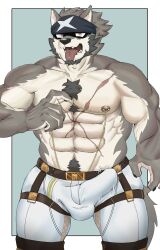  anothereidos_of_dragon_vein_r anthro armpit_focus armpit_hair ateeesta_92 balls_bulge bandanna_on_forehead belt bodily_fluids body_hair bottomwear bulge canid canine canis chains chest_hair clothing full_house_(anothereidos_r) fullhouse gold_(metal) gold_chain happy_trail hi_res male male_only mammal muscular muscular_male nipple_piercing nipples pants piercing raised_arms red_eyes scar solo solo_male sweat tenting wolf 