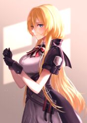  arms_up azur_lane bangs banned_artist bismarck_(azur_lane) bismarck_(iron_black_elysium)_(azur_lane) black_dress black_gloves blonde_hair blue_eyes blush bow bowtie breasts commentary dress eyebrows_visible_through_hair female from_side gloves grey_shirt hair_between_eyes highres imperial_german_flag large_breasts long_hair looking_at_viewer mior official_alternate_costume open_mouth revision shirt short_sleeves simple_background solo standing teeth very_long_hair 