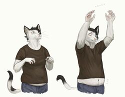  2019 anthro belly belly_peeking_out black_hair bottomwear cettus clothing domestic_cat embarrassed exposed_belly felid feline felis fur hair hi_res looking_at_own_belly looking_down looking_up male mammal natan_osorio_suarez navel pants reaching sequence shirt simple_background slightly_chubby slightly_chubby_anthro slightly_chubby_male solo topwear undersized_clothing undersized_topwear white_background white_body white_fur 