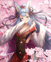  animal_ears aqua_(popogori) blue_eyes blush branch breasts cherry_blossoms cleavage commentary_request detached_sleeves erune female flower fox_ears fur_trim granblue_fantasy grey_hair large_breasts long_hair looking_at_viewer petals smile societte_(granblue_fantasy) solo very_long_hair 