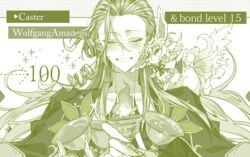  1boy arrow_(symbol) blush character_name closed_eyes coat creature curly_hair facing_viewer fate/grand_order fate_(series) fingernails forehead fou_(fate) gameplay_mechanics green_theme hair_strand highres holy_grail_(fate) long_fingernails male_focus mizuki_(mz) monochrome smile upper_body wolfgang_amadeus_mozart_(fate) 