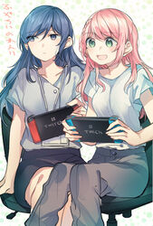  2girls :d :| black_skirt blue_eyes blue_hair braid brand_name_imitation closed_mouth commentary_request fuzoroi_no_renri green_eyes grey_pants grey_shirt handheld_game_console holding holding_handheld_game_console joy-con lanyard long_hair mikan-uji multiple_girls nintendo nintendo_switch open_mouth original pants pencil_skirt pink_hair shirt short_sleeves sitting skirt smile swivel_chair white_shirt 