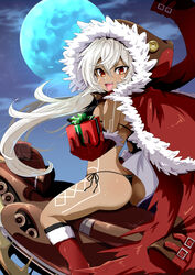  ass azur_lane bikini bikini_under_clothes black_bikini black_socks blue_moon blush bodypaint boots breasts cape commentary_request crossed_bangs dark-skinned_female dark_skin elbow_gloves facepaint feet_out_of_frame female full_moon fur-trimmed_boots fur-trimmed_cape fur-trimmed_gloves fur_trim gift gloves hair_between_eyes holding holding_gift hood hood_up hooded_cape houshi long_hair looking_at_viewer looking_to_the_side medium_breasts minneapolis_(azur_lane) minneapolis_(holy_night_ride)_(azur_lane) moon official_alternate_costume open_mouth red_cape red_eyes red_footwear red_gloves side-tie_bikini_bottom sideboob sled smile socks solo swimsuit very_long_hair white_hair 