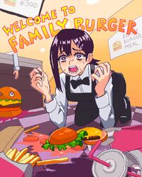  apron black_bow black_bowtie bow bowtie burger chainsaw_man collared_shirt english_commentary english_text family_burger_(chainsaw_man) family_burger_mascot_(chainsaw_man) fast_food female food french_fries hair_ornament hairclip hcnone higashiyama_kobeni highres kneeling messy mole mole_under_eye mole_under_mouth nervous one_eye_closed open_mouth purple_eyes restaurant screaming shirt short_hair single_sidelock solo_focus spill sweat tile_floor tiles white_shirt 