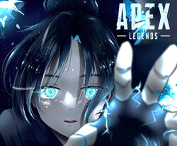  animification apex_legends bad_id bad_pixiv_id black_scarf blue_eyes blurry blurry_foreground copyright_name electricity female fingerless_gloves gloves glowing glowing_eyes hair_bun logo nepitasu nose_piercing open_hand open_mouth parted_bangs piercing portrait scarf single_hair_bun solo wraith_(apex_legends) 