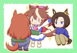  3girls :3 air_groove_(umamusume) animal_ears arms_up ascot black_gloves blue_eyes blue_jacket blue_skirt blush_stickers border bow brown_hair capelet casual commentary ear_bow ear_piercing earrings gloves gomashio_(goma_feet) green_border hair_flaps high_ponytail horse_ears horse_girl horse_tail jacket jewelry light_brown_hair long_hair long_sleeves multicolored_clothes multicolored_hair multicolored_jacket multiple_girls official_alternate_costume piercing pink_ascot pleated_skirt red_capelet short_hair single_earring skirt streaked_hair sweater symboli_rudolf_(umamusume) tail tokai_teio_(umamusume) two-tone_hair two-tone_jacket two-tone_skirt umamusume white_footwear white_jacket white_skirt |_| 