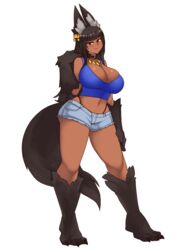  animal_ear_fluff animal_ears animal_hands anubis_(monster_girl_encyclopedia) black_collar black_fur black_hair black_panties blue_tank_top breasts casual collar crop_top cutoffs dark-skinned_female dark_skin female full_body highleg highleg_panties jackal_ears jackal_girl jackal_tail long_hair micro_shorts midriff monster_girl monster_girl_encyclopedia navel panties rtil shorts sidelocks simple_background solo standing tank_top underwear white_background 