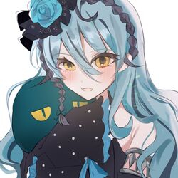  bad_id bad_twitter_id black_dress black_hair black_hairband blue_flower blue_hair blue_rose blush detached_sleeves dress female flower hailiu hair_behind_ear hair_flower hair_ornament hairband halterneck highres hug multicolored_hair nijisanji nijisanji_kr oerba_yun_fang open_mouth portrait rose ryu_hari solo streaked_hair virtual_youtuber white_background yellow_eyes 