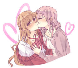  2girls bad_neck blonde_hair blush character_request closed_eyes closed_mouth hakuisei_aijou_isonshou heart highres kissing kissing_cheek long_hair looking_to_the_side medium_hair multiple_girls oosachi_asuka purple_hair simple_background sosa white_background yuri 