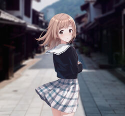  black_shirt blouse blue_skirt blurry blurry_background blush brown_eyes brown_hair cowboy_shot female from_behind idolmaster idolmaster_shiny_colors looking_at_viewer looking_back outdoors photo_background plaid plaid_skirt pleated_skirt sailor_collar sakuragi_mano school_uniform serafuku shirt skirt solo suke_(momijigari) takehara_(hiroshima) 