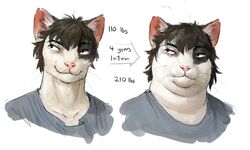  2021 anthro before_and_after black_hair bust_portrait cettus chubby_cheeks clothing domestic_cat double_chin felid feline felis fur hair male mammal natan_osorio_suarez overweight overweight_anthro overweight_male portrait sequence shirt simple_background solo topwear weight_gain white_background white_body white_fur 