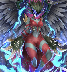  armor bikini_armor black_wings blue_fire bodysuit breasts cape claws commentary_request covered_eyes covered_navel dated duel_monster evil_hero_inferno_wing eye_mask female fire green_hair grey_bodysuit groin highres k.nock lipstick long_hair makeup mask monster_girl partial_commentary purple_background red_armor red_cape red_lips shoulder_spikes sign smile solo spiked_hair spikes waist_cape wide_hips wings yu-gi-oh! 