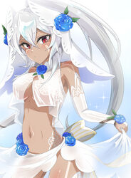  azur_lane blue_flower blue_rose blush bodypaint breasts bridal_gauntlets closed_mouth commentary_request contrapposto cowboy_shot crop_top crossed_bangs curtsey dark-skinned_female dark_skin dress expressionless facepaint female flower hair_between_eyes high_ponytail houshi long_hair looking_at_viewer medium_breasts midriff minneapolis_(azur_lane) minneapolis_(trapper_white)_(azur_lane) navel official_alternate_costume red_eyes rose skirt solo underboob very_long_hair wedding_dress white_bridal_gauntlets white_hair white_skirt 