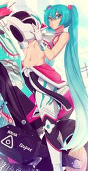  aqua_eyes aqua_hair bandaid bandaid_on_face bandaid_on_nose breasts commentary english_commentary female gloves goodsmile_racing groin hair_between_eyes hair_ornament hatsune_miku helmet highres itasha long_hair looking_at_viewer merunyaa motor_vehicle motorcycle navel on_motorcycle open_clothes racing_miku racing_miku_(2013) solo sports_bra stomach sweat twintails unworn_headwear unworn_helmet very_long_hair vocaloid white_gloves 